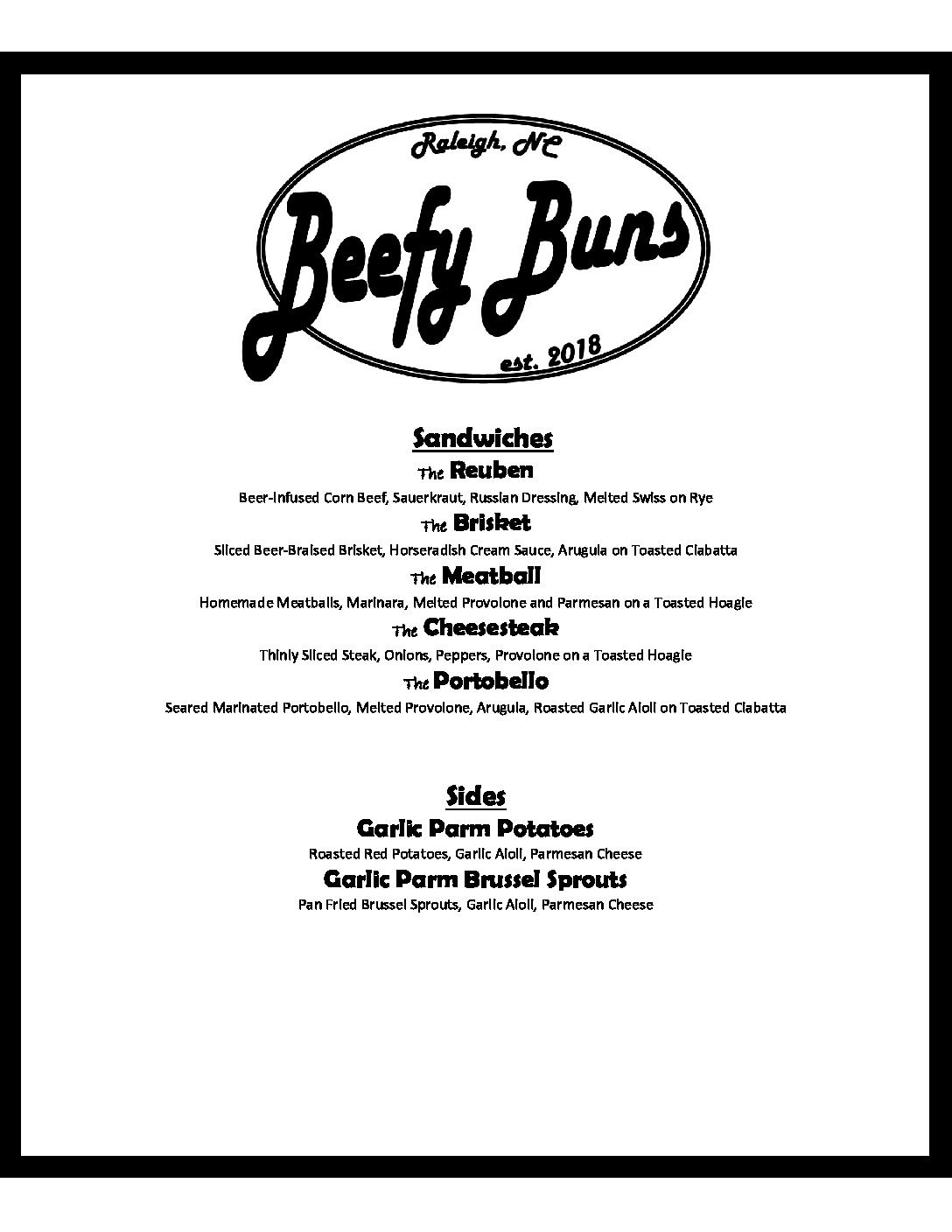 Beefy Buns Menu 2022 - no prices